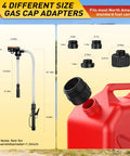 Slick Battery Powered Fuel Transfer Pump With Auto Stop Sensor For Spill Free Gas Moving, showing 4 gas cap adapters with sizes.