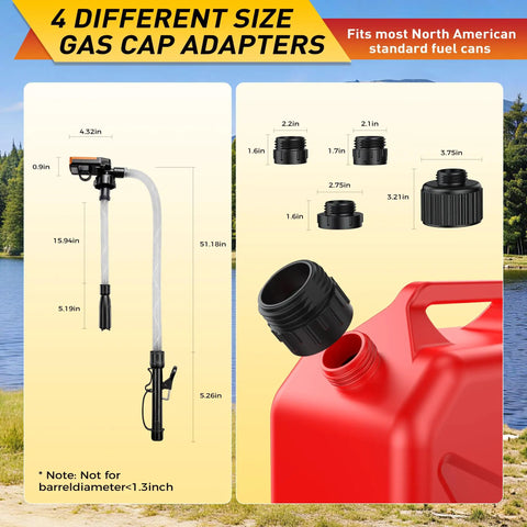Slick Battery Powered Fuel Transfer Pump With Auto Stop Sensor For Spill Free Gas Moving, showing 4 gas cap adapters with sizes.