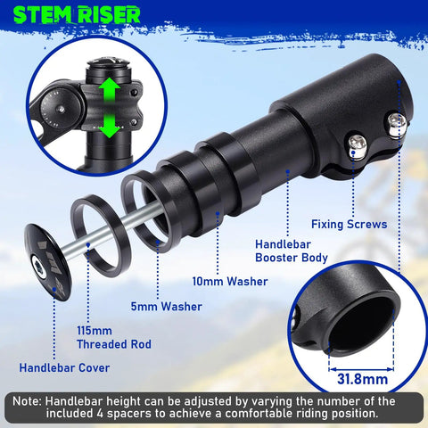 Diagram showing Adjustable Bike Stem Riser For Comfort And Angle Adjustment Universal 31.8Mm Stem with labeled parts.