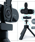 Crisp 1080P HD Webcam With Clear Mic And Noise Cancellation, showing 360° rotating mount and adjustable tripod.