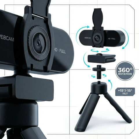 Crisp 1080P HD Webcam With Clear Mic And Noise Cancellation, showing 360° rotating mount and adjustable tripod.