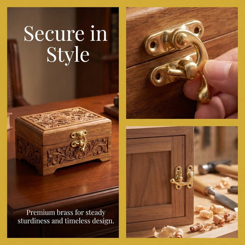 Close-up collage of Vintage Swing Bag Clasp Closure Lock Retro Latch For Jewelry Boxes And Wooden Chests Golden Metal Buckle.