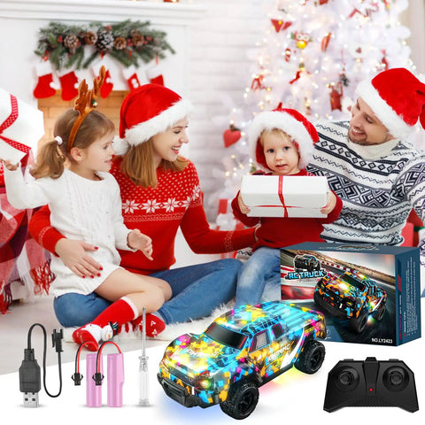 Family opening gifts with Remote Control Pickup RC Car 1 To 24 Scale With Light Up LED Effects, 2.4 GHz Controller