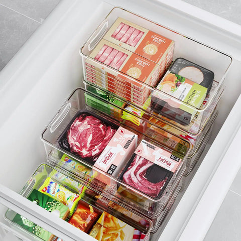 Kick Clutter To The Curb With These 8 Pack Freezer Organizer Bins Featuring Reinforced Handles And Thickened Food Grade Plastic For Fridge Pantry Storage That Really Keeps Your Kitchen Game Strong, showing stacked clear bins storing various frozen foods.