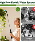 Woman using Telescoping Electric Plant Watering Wand For Indoor Hanging Plants With Ground Reach Pump 180 Degree Adjustable Nozzle