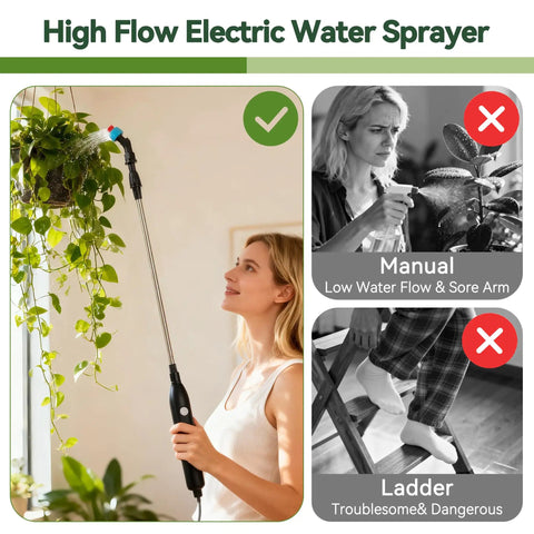 Woman using Telescoping Electric Plant Watering Wand For Indoor Hanging Plants With Ground Reach Pump 180 Degree Adjustable Nozzle