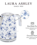 Laura Ashley white and blue floral print electric kettle with concealed heating and hand-made print design.