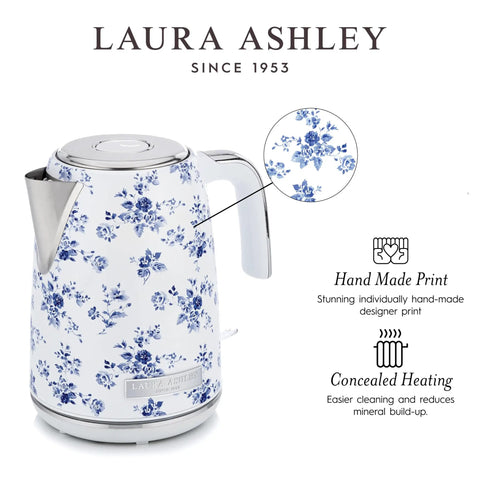 Laura Ashley white and blue floral print electric kettle with concealed heating and hand-made print design.