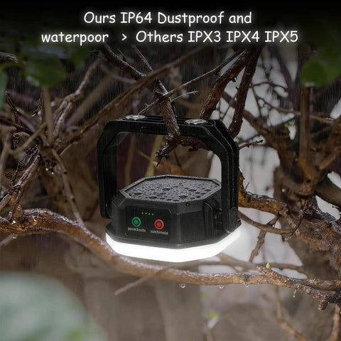 Go To Rechargeable Solar Camping Lantern with 6600mAh Battery, 4000 Lumens, hanging wet showing IP65 waterproof in the rain