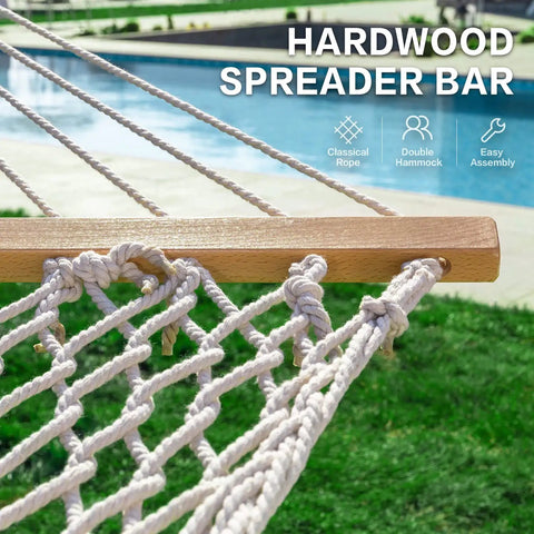 Close-up of the Double Rope Hammock With Stand Included, 12ft Heavy Duty Stand, showcasing hardwood spreader bar with cotton rope.