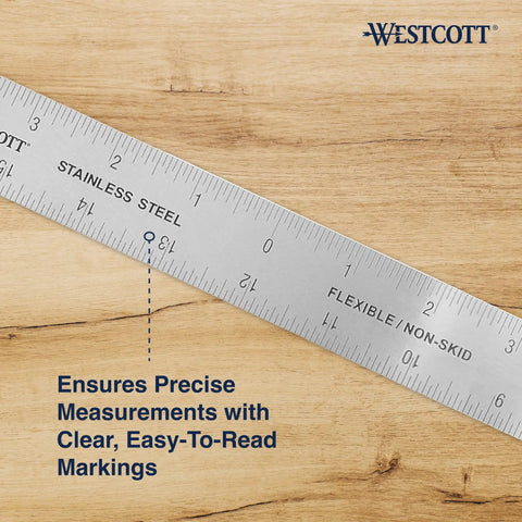Close-up of Pro Grade Stainless Steel Ruler with Zero Center Scale and Non Slip Cork Backing on a wooden surface.