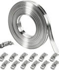 Hose Clamps Assortment Kit For DIY Projects 304 Stainless Steel 32.8 Ft Metal Straps With 12 Extra Strong Fasteners displayed.