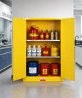Top Rated Flammable Safety Cabinet With Double Doors, Solid ColdRolled Steel Chemical Storage Locker in lab with chemical containers.