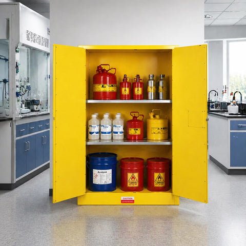 Top Rated Flammable Safety Cabinet With Double Doors, Solid ColdRolled Steel Chemical Storage Locker in lab with chemical containers.