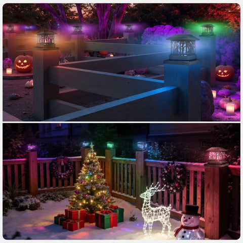 12 Pack Solar Post Cap Lights For 4x4 Or 6x6 Wood Posts, Outdoor Fence Post Caps illuminating festive garden with decorations