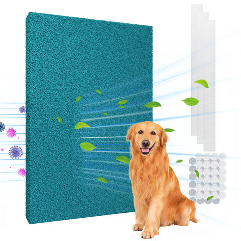 Reusable Air Filter 20x30 Inch High Flow Cut To Fit Furnace HVAC MERV 6 shown filtering air with green leaves and a happy dog beside it.