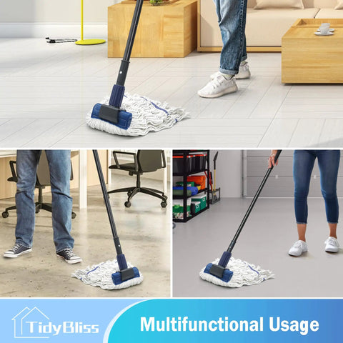 Heavy Duty Commercial String Mop With Extension Handle Absorbs Liquids And Debris Fast on various surfaces in home and garage.
