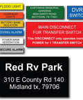 Custom engraved electrical panel labels for breaker boxes, phenolic plastic tags with peel and stick adhesive, various colors and sizes.