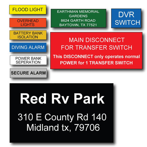 Custom engraved electrical panel labels for breaker boxes, phenolic plastic tags with peel and stick adhesive, various colors and sizes.