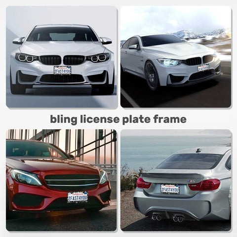 Two Pack Bling License Plate Frames With Rhinestone Diamonds on luxury cars, stainless steel, glitter crystal caps