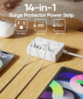 No Cap Necessary Heavy Duty 100W Power Strip With 6 AC Outlets And 8 USB Ports For Fast Charging Desk Organizer Surge Protector Zero Cable Chaos Travel And Home Office Setup Ready on wooden desk