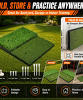 Dual Turf Golf Hitting Mat With 10mm Foam Padding And Rubber Backing for indoor and outdoor practice, folded with accessories