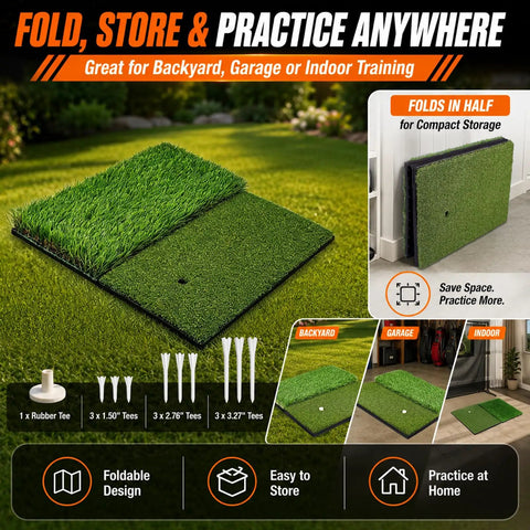Dual Turf Golf Hitting Mat With 10mm Foam Padding And Rubber Backing for indoor and outdoor practice, folded with accessories