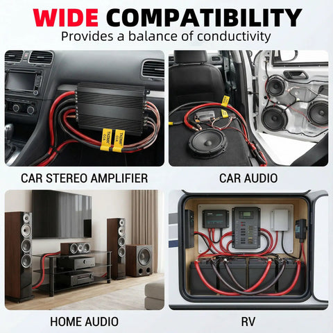 4 Gauge CCA Battery Cable Set, 26ft Red And 26ft Black With Cable Sleeves, Dual Automotive Power Ground And Car Audio Extension Cord, Copper Coated Aluminum For Beefy Conductivity In Trucks, RVs, And Marine Installs used in car stereo, car audio, home audio, and RV setups