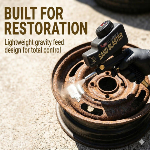 Portable Sand Blaster Gun Kit for rust removal on metal wheel, gravity feed reservoir, precise control, compatible with four CFM at ninety PSI.
