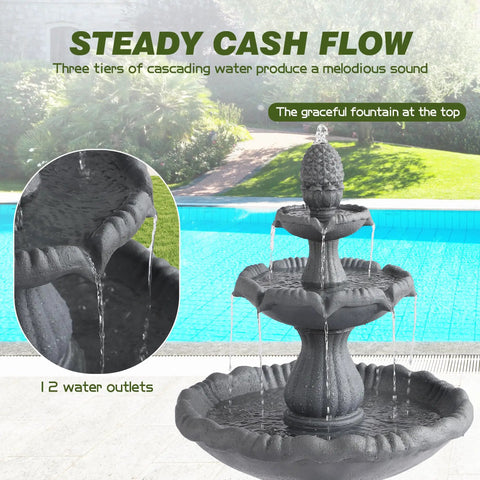 Three Tier Outdoor Waterfall Garden Fountain With Pump Large Resin Bubbler Cascade For Patio And Yard Decor Floor Standing Grey Finish Realistic Soothing Water Flow For Chill Backyard Ambience with 12 water outlets near a pool.
