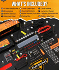 Eight Gang Slim Switch Panel With Auto Dimming RGB Backlight accessories including AS-R80 panel, control box, harness, and labels.