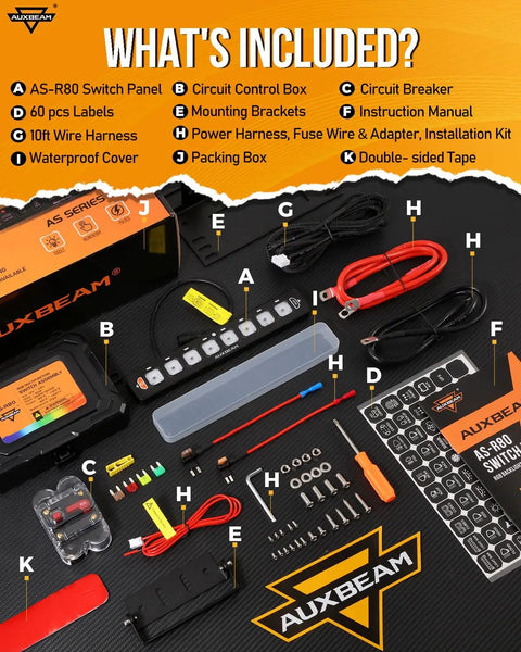 Eight Gang Slim Switch Panel With Auto Dimming RGB Backlight accessories including AS-R80 panel, control box, harness, and labels.
