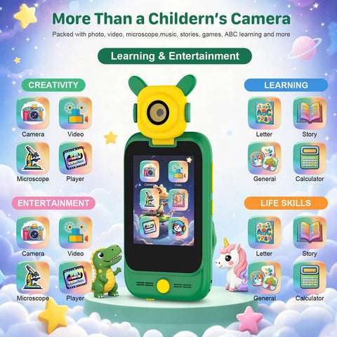 2 In 1 Kids Camera And Microscope Toy With 2.8 Inch Touchscreen, handheld green silicone kids STEM explorer with touchscreen