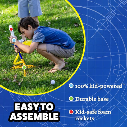 Child assembling Glow In The Dark Rocket Launcher Kit For Kids With Four Soft Foam Rockets Backyard Blast Off STEM Toy