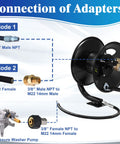 Heavy Duty Pressure Washer Hose Reel 100 Ft With Manual Crank, Steel Construction, Adapter Connections Diagram