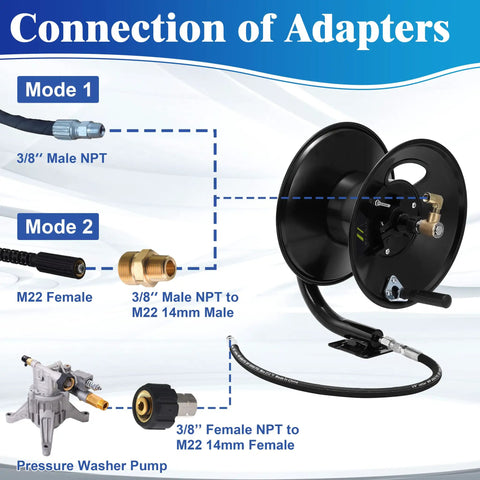 Heavy Duty Pressure Washer Hose Reel 100 Ft With Manual Crank, Steel Construction, Adapter Connections Diagram