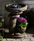 Solar Fountain For Bird Bath And Planter, Freestanding Rock Waterfall With LED Lights for Garden, displaying night glow
