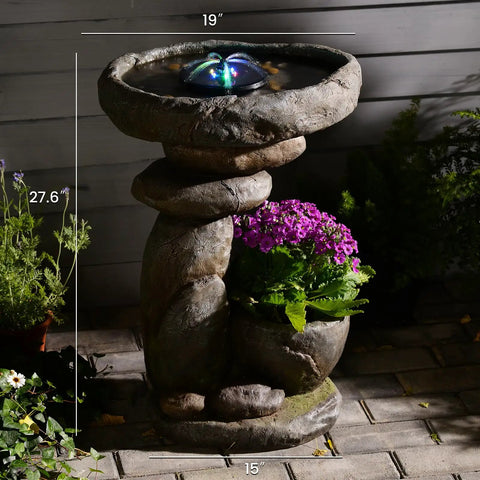 Solar Fountain For Bird Bath And Planter, Freestanding Rock Waterfall With LED Lights for Garden, displaying night glow