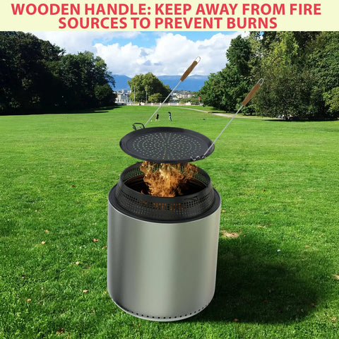 Beefy Spark Shield Fire Pit Screen 19.5 Inch For Bonfire And Outdoor Pits With Black Steel Construction Non Toxic Baked Paint Heavy Duty Spark Guard With Wooden Handle Removal Tools lifted by handles