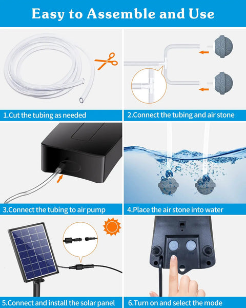 Solar Pond Aerator With 2200mAh Battery Backup, 3 Mode Solar Air Pump For Pond setup instructions with solar panel and air stones