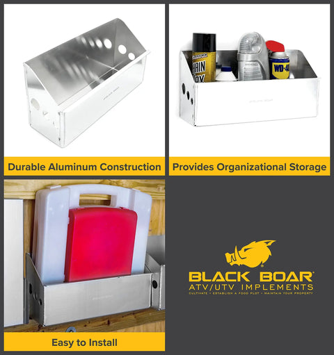 Collage showing durable aluminum construction and organizational storage for aluminum fold down work table for trailers and garages