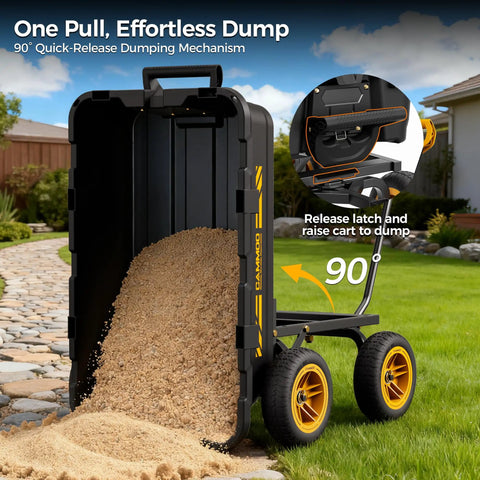 No Flat 10 Inch Tires Garden Dump Cart with sand being dumped, showing 90-degree quick-release mechanism on grass path