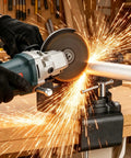 Close-up of cutting metal with a Shop Beast 4.5 Inch Bench Vise With Zero Drill Clamping Base for workbench.