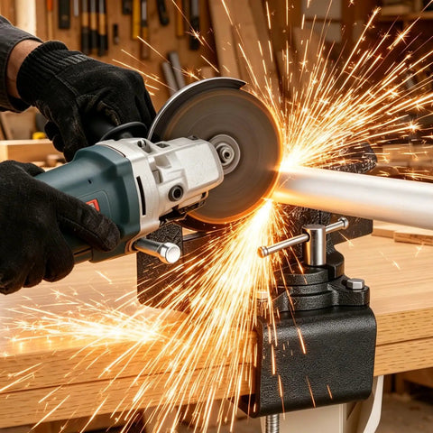 Close-up of cutting metal with a Shop Beast 4.5 Inch Bench Vise With Zero Drill Clamping Base for workbench.