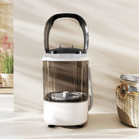 Super Duper Handy Portable Mini Washing Machine With Five Point Five Lbs Capacity And Quick Spin Tub, No Sweat Semi Auto Compact Laundry Washer For Tight Dorm Rooms And Rv Weekend Getaways, Chill Grey Vibe in a bright setting.