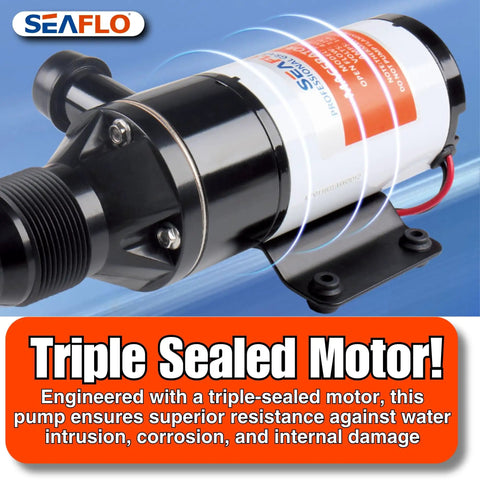 Close-up of triple-sealed motor on 12V Macerator Pump For Boats, RVs, And Yachts - 12 GPM Open Flow, Self Priming, Anti-Clog
