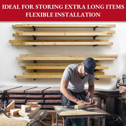 Wall installation of Beefy Heavy Duty Wall Mounted Lumber Rack With Six Levels Holds Up To 1200 Lbs Ideal For Garage, Workshop Or Shed