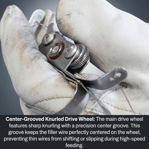 Lightweight TIG Wire Feeder For Precise Welds, knurled drive wheel detail, shown with gloves on, for smooth feeding