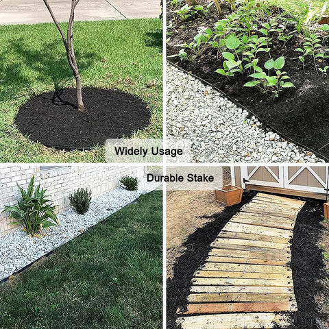 Four gardens with Spiral Landscape Anchoring Spikes 8 Inch Set For Lawn Edging Tough As Nails Durable Plastic Stakes installed