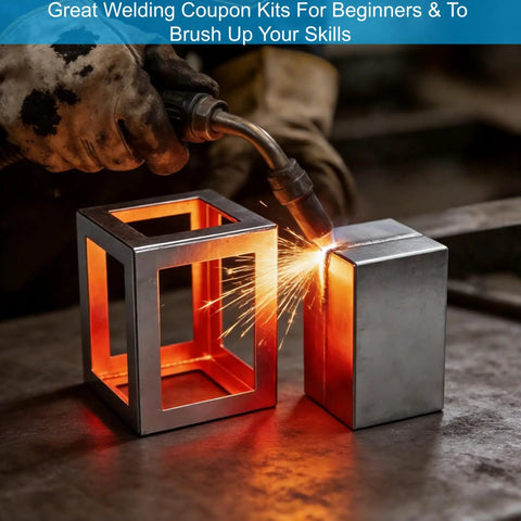 Close-up of Beginner Friendly Welding Practice Kit with 24 Welding Coupons, 18 Gauge Mild Steel Plates being used for MIG welding.